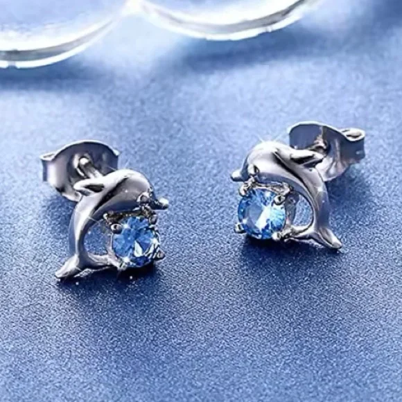 Sterling Silver Dolphin Earrings with Blue Gemstone .925 - Picture 2 of 5
